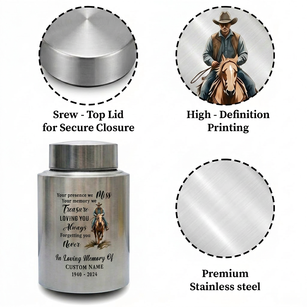 Personalized Cowboy Riding Horse Boots Hat Cross Stainless Steel Cremation Urn For Adult Human Ashes Funeral Remembrance Sympathy Memorial Keepsake Urn, Memorial Gift, In Loving Memory - Image 3