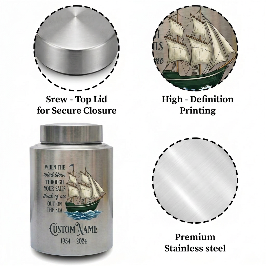 Personalized Sail Boat Stainless Steel Urn for Human Ashes, Custom Name Date Ocean Tribute for Dad Grandpa Sailor, Adult Size, Memorial Keepsake Urn, Memorial Gift, In Loving Memory - Image 3
