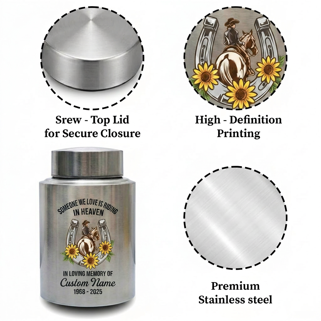 Personalized Cowgirl Horse Riding Stainless Steel UV Print Urn for Loss of Farmer Equestrian Bereavement Ash Holder Large Silver Black Gold Red Memorial Keepsake Urn, Memorial Gift, In Loving Memory - Image 3