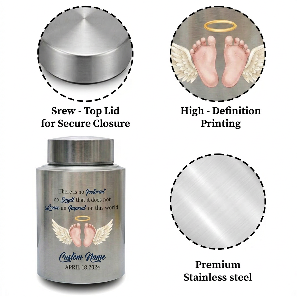 Personalized Angel Baby Footprint Stainless Steel Cremation Urn, Infant Loss Remembrance Container, Grieving Parent Sympathy Present, Memorial Keepsake Urn, Memorial Gift, In Loving Memory - Image 3