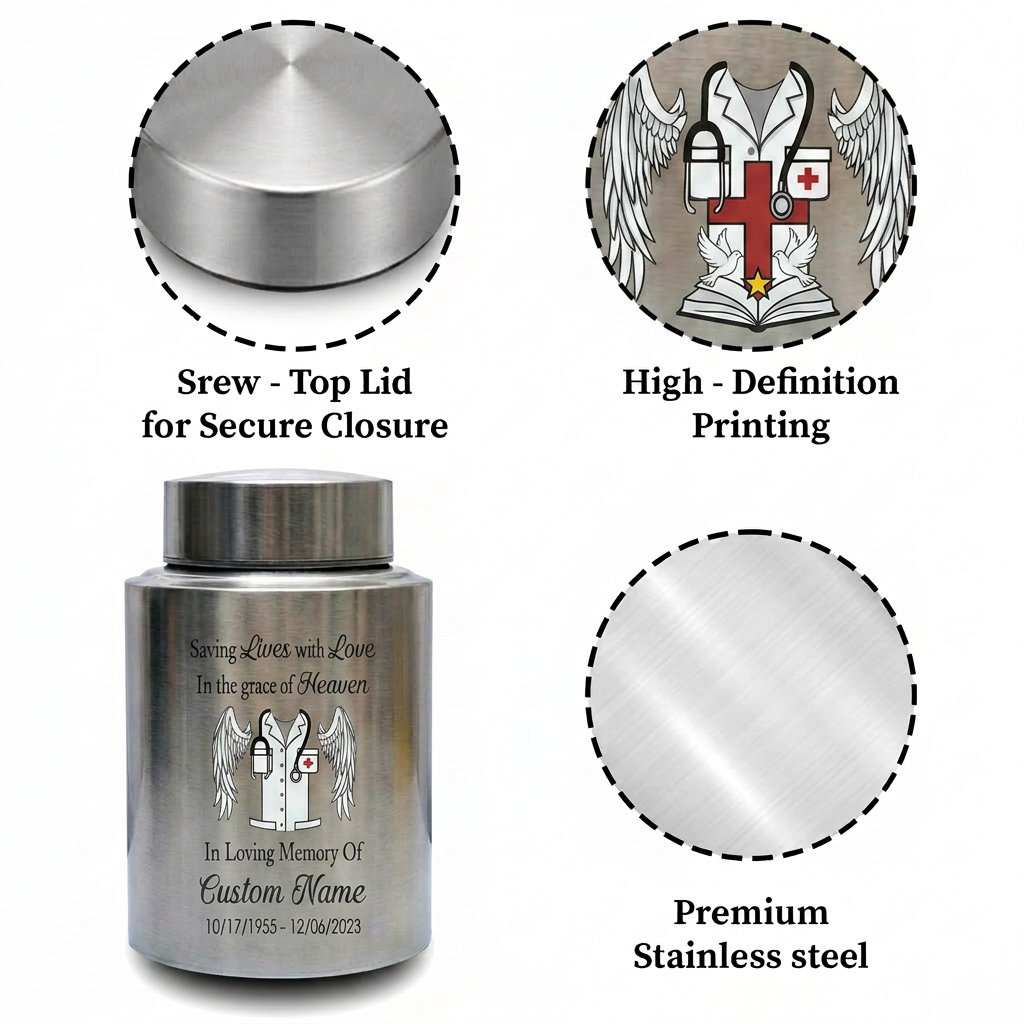 Personalized Doctor Medical Symbol Stainless Steel Cremation Urn For Human Ashes Funeral Tribute Nurse Healthcare Staff Sympathy Memorial Keepsake Urn, Memorial Gift, In Loving Memory - Image 3