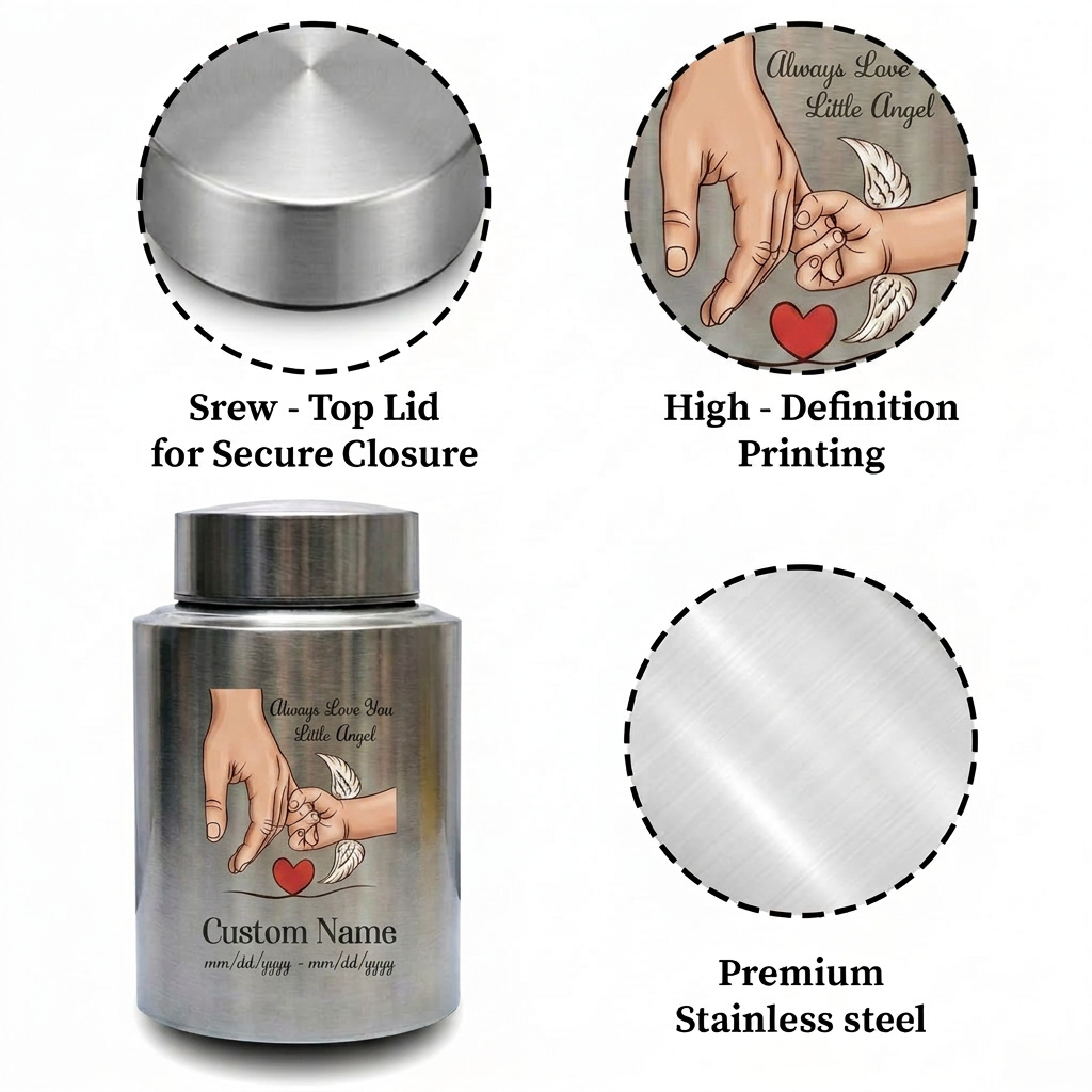 Personalized Holding Hands Stainless Steel Urn for Baby Boy Girl, Custom Little Angel Infant Child Loss Bereavement Tribute, Small Large, Memorial Keepsake Urn, Memorial Gift, In Loving Memory - Image 3