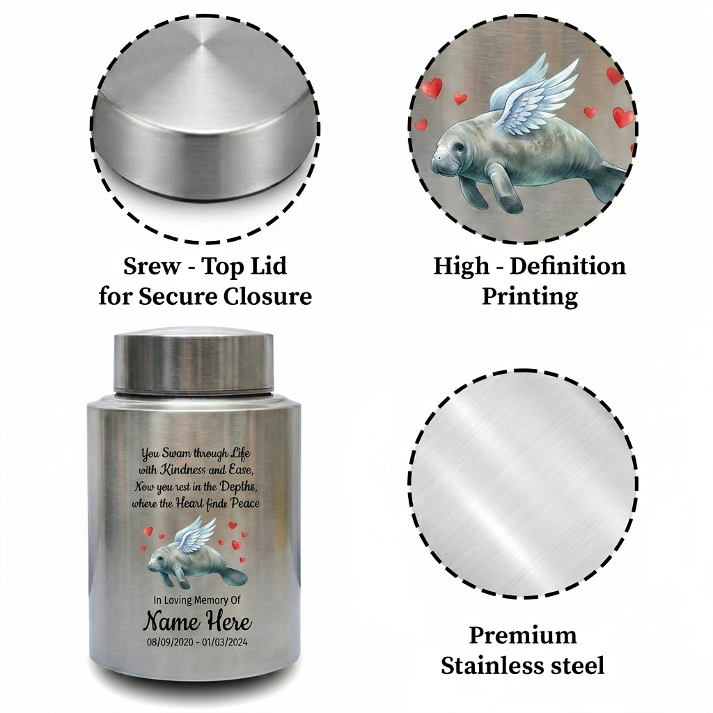 Personalized Manatee Beach Ocean Stainless Steel UV Printed Loss Of Loved One Marine Enthusiast Remembrance Keepsake Small Large Memorial Keepsake Urn, Memorial Gift, In Loving Memory - Image 3