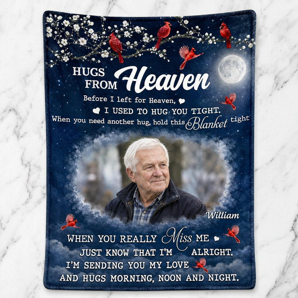 Personalized Hugs From Heaven Memorial Photo Fleece Blanket - Loss of Father Sympathy Gift - Image 3