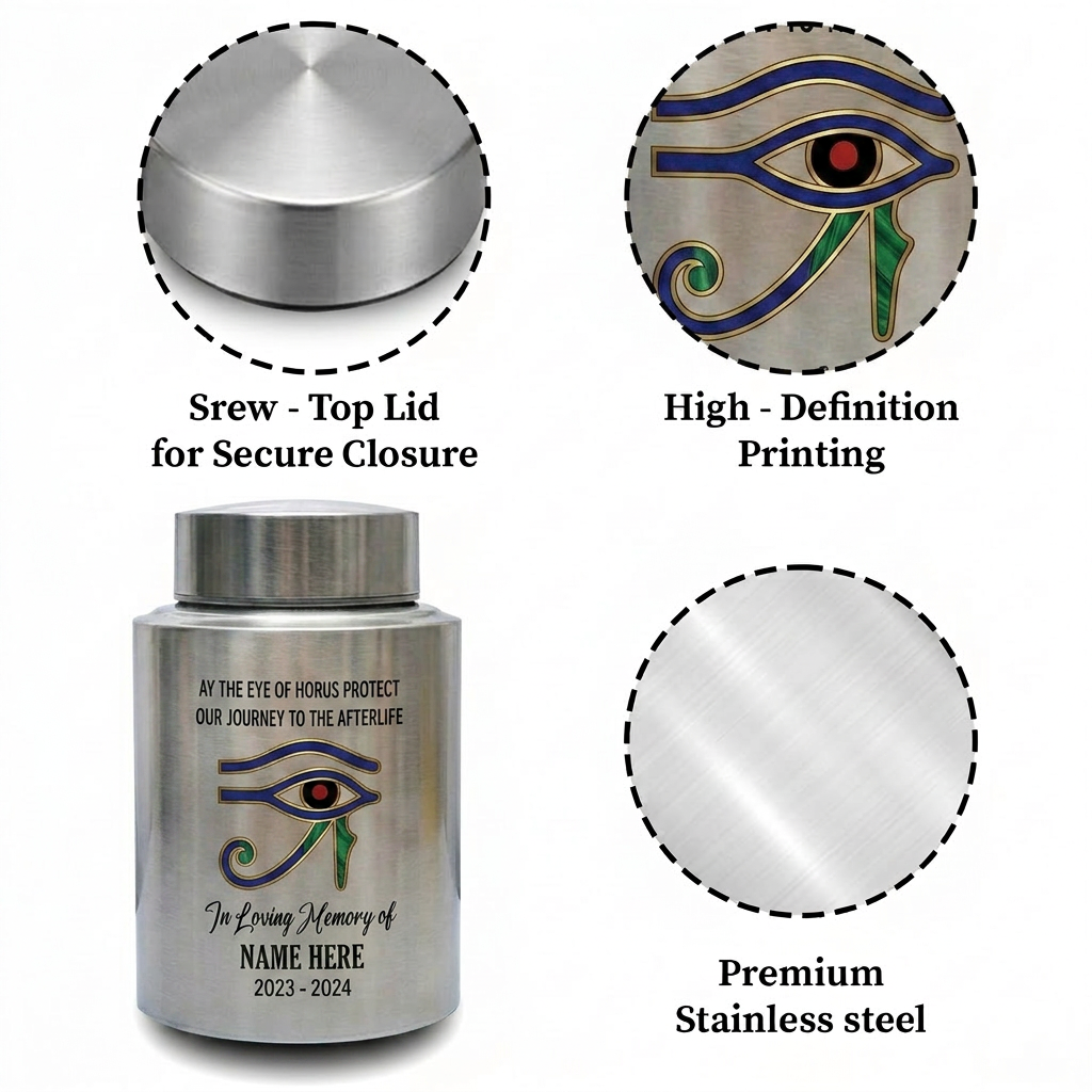 Personalized Eye of Horus Egyptian Hamsa Evil Eye Stainless Steel Cremation Container for Human Ashes Bereavement Tribute Jar Memorial Keepsake Urn, Memorial Gift, In Loving Memory - Image 3