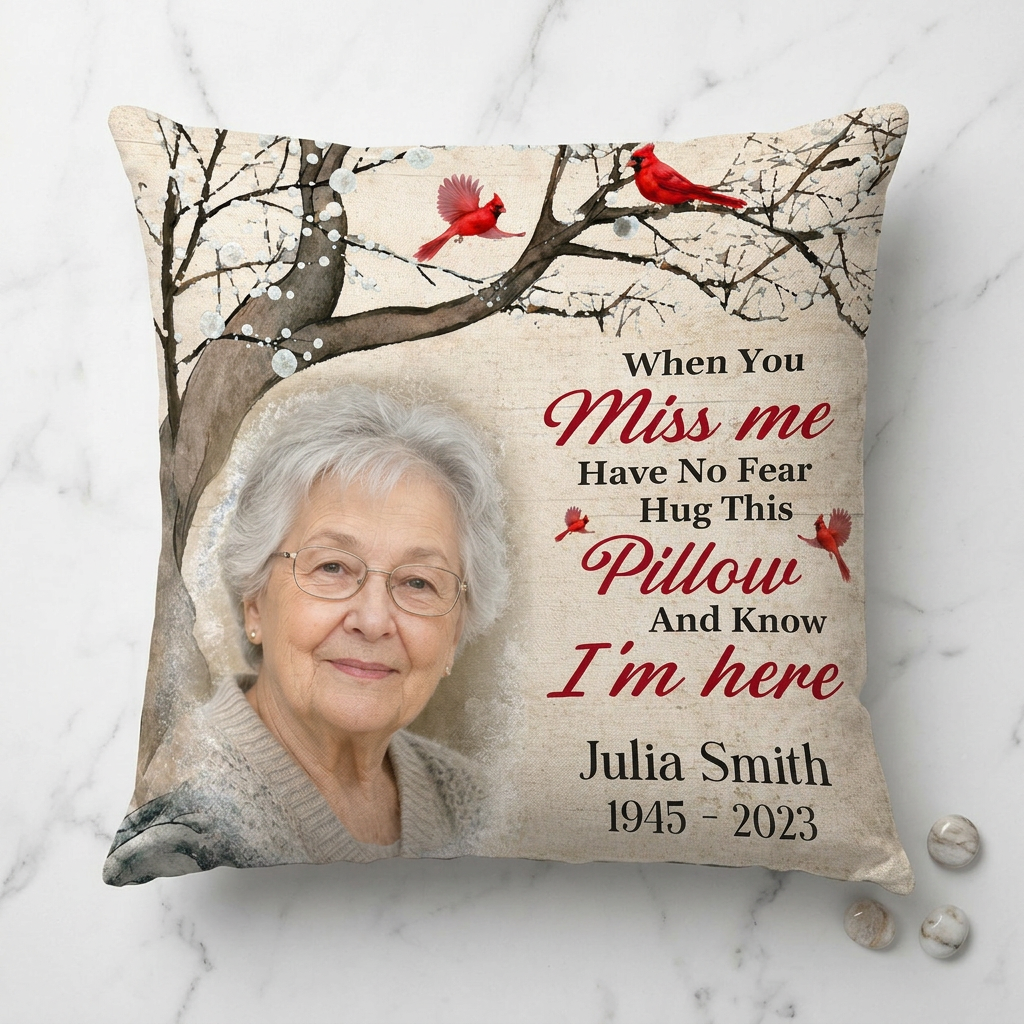 Personalized Memorial Photo Pillow with Cardinal & Tree Branch - Sympathy Gift for Loss of Mom - Image 3