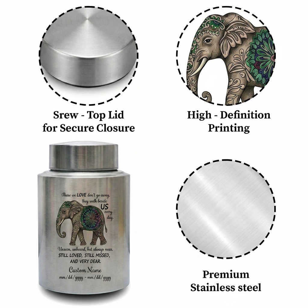 Personalized Floral Elephant Pattern Stainless Steel Large Urn for Human Ashes, Loss of Mother Father Loved One Sympathy Gift, Bereavement Memorial Keepsake Urn, Memorial Gift, In Loving Memory - Image 3