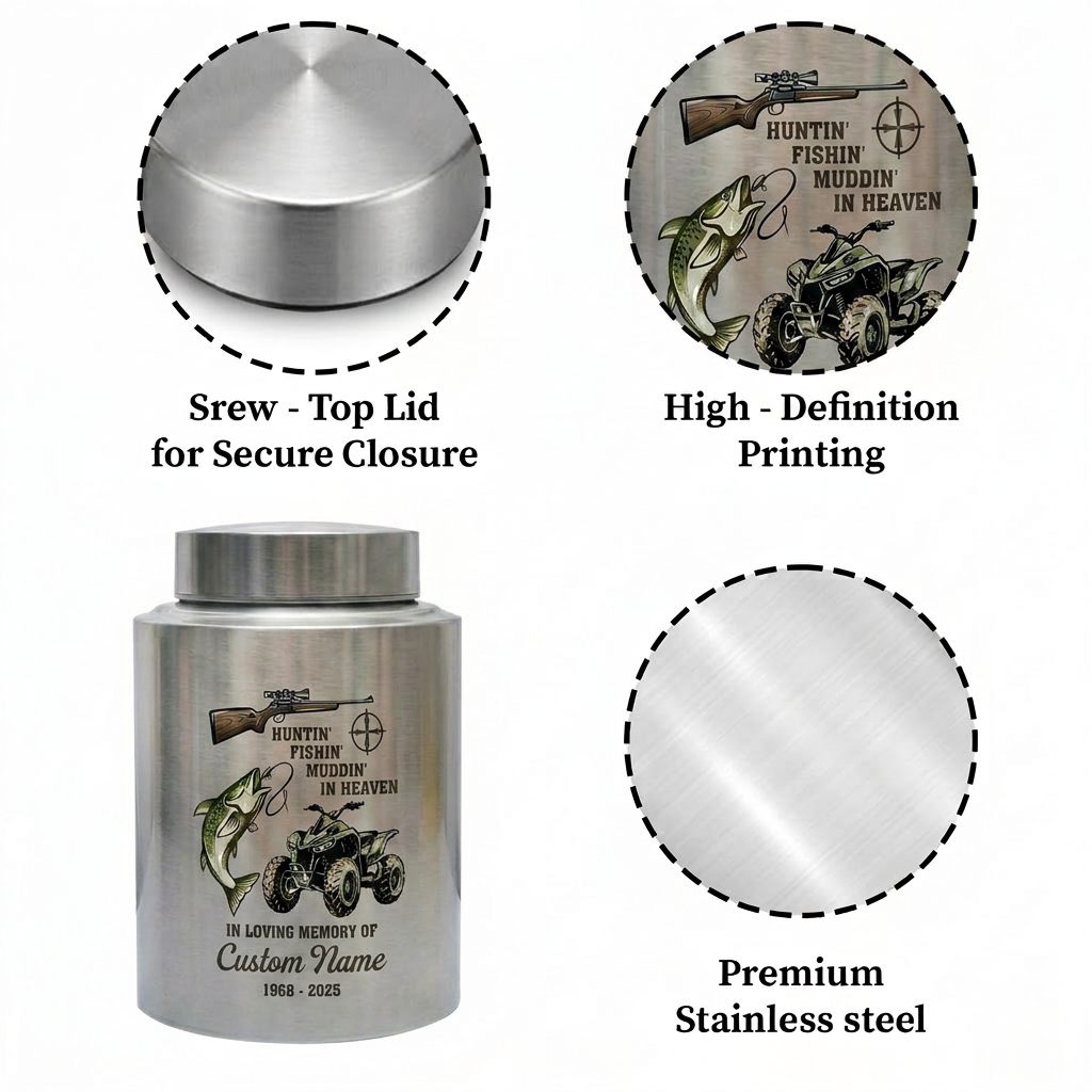 Personalized Bass Fishing Huntin Fishin Muddin In Heaven Stainless Steel Urn for Dad Grandpa Fisherman Hunter Outdoorsman Ashes Large Memorial Keepsake Urn, Memorial Gift, In Loving Memory - Image 3