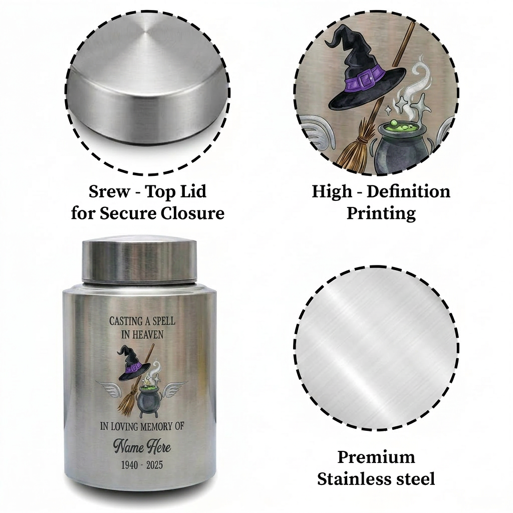 Personalized Witchcraft Lover Memorial UV Printed Stainless Steel Urn for Adult Human Ashes Casting A Spell Wiccan Pagan Bereavement Memorial Keepsake Urn, Memorial Gift, In Loving Memory - Image 3