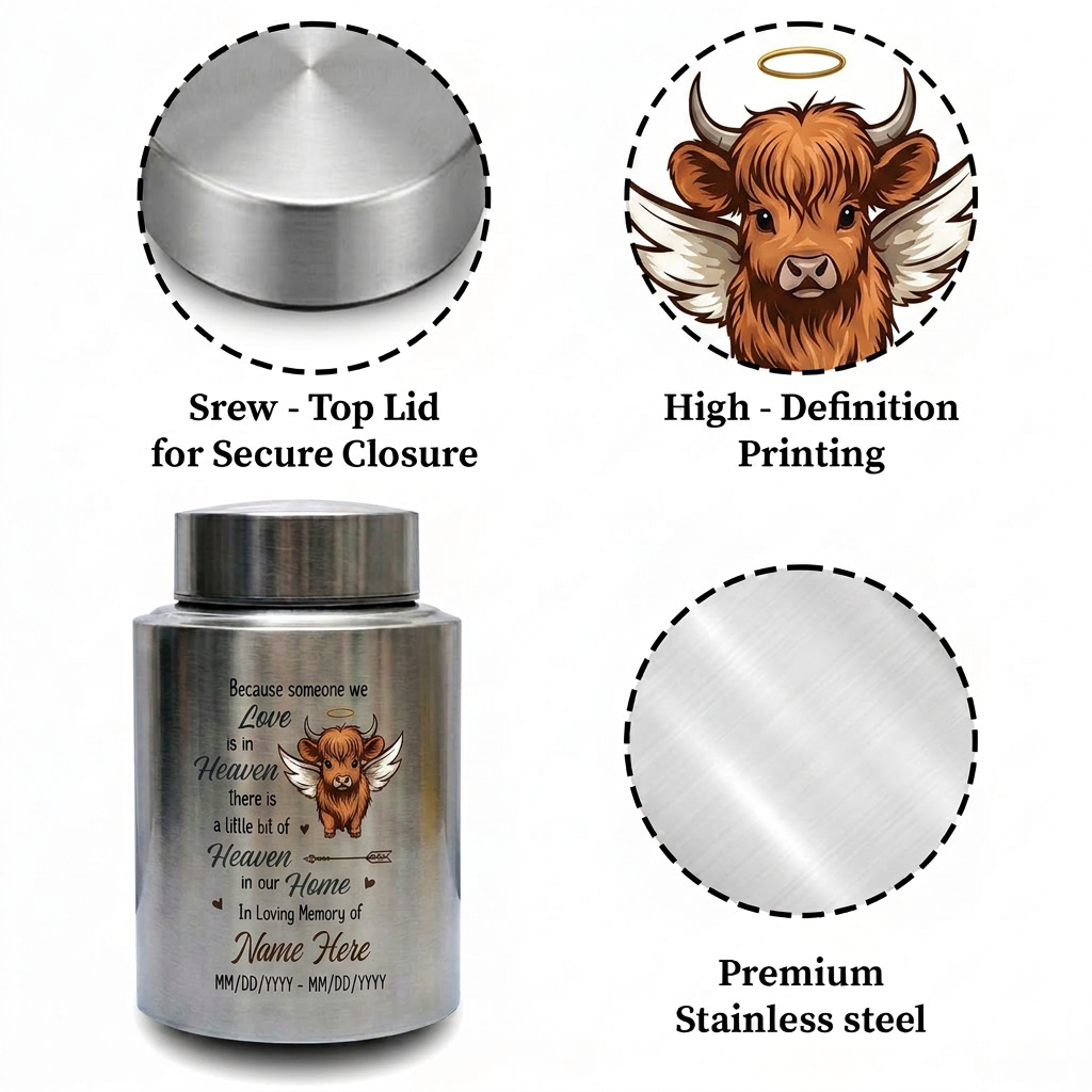Personalized Highland Cow Stainless Steel Cremation Urn for Human Ashes, Bereavement Gift for Loss of Mother Father, Large Display Vessel, Memorial Keepsake Urn, Memorial Gift, In Loving Memory - Image 3