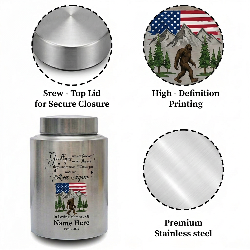 Personalized Bigfoot Sasquatch Stainless Steel Urn for Adult Human Ashes, Goodbyes Are Not Forever Quote Sympathy Bereavement Small Large Memorial Keepsake Urn, Memorial Gift, In Loving Memory - Image 3