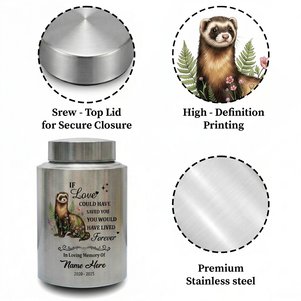 Personalized Botanical Ferret Stainless Steel Pet Urn For Animal Ashes Sympathy Bereavement Display Small Large Sizes Loss Of Pet Memorial Keepsake Urn, Memorial Gift, In Loving Memory - Image 3