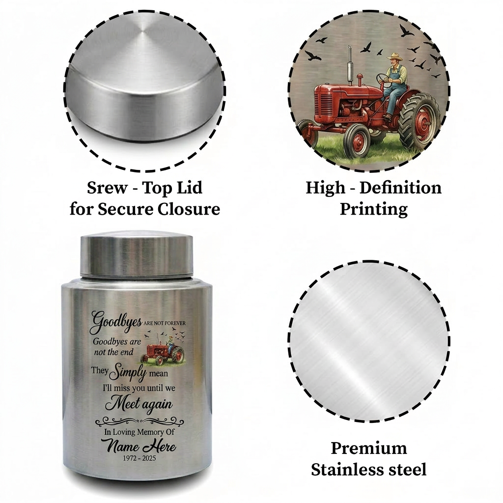 Personalized Farmer Memorial Stainless Steel Ash Holder with Flying Birds Goodbyes Are Not Forever Quote for Loss of Father Grandfather Memorial Keepsake Urn, Memorial Gift, In Loving Memory - Image 3
