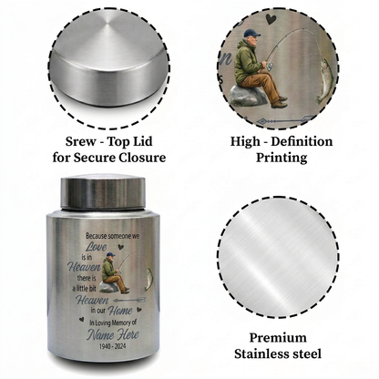 Personalized Bass Fishing Cremation Urns for Human Ashes Loss of Father Husband Fisherman Silhouette Because Someone We Love is in Heaven Quote Memorial Keepsake Urn, Memorial Gift, In Loving Memory - Image 3