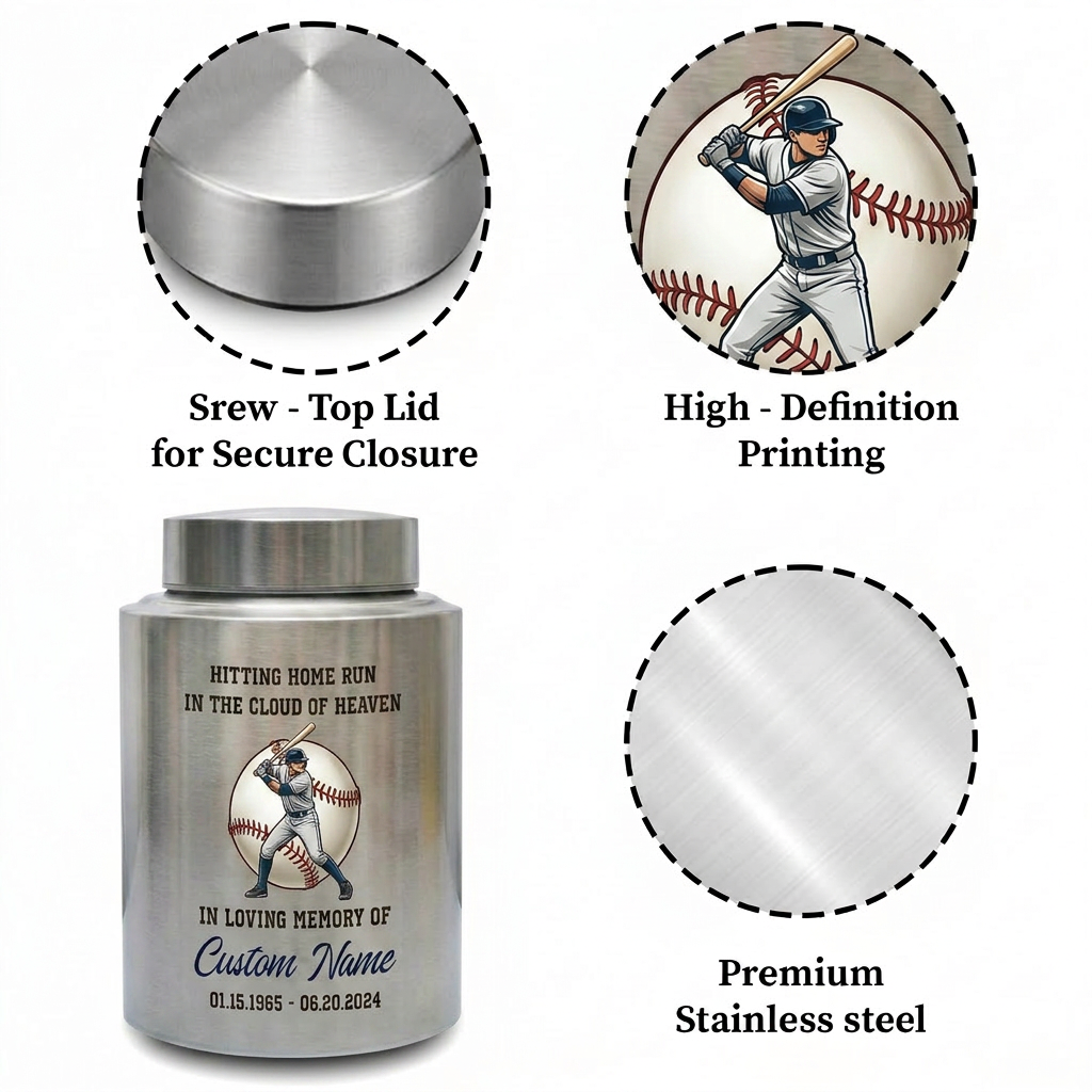 Personalized Baseball Stainless Steel Urn for Human Ashes, Sports Fan Athlete Coach Bereavement Tribute, Funeral Ash Container Large Small, Memorial Keepsake Urn, Memorial Gift, In Loving Memory - Image 3
