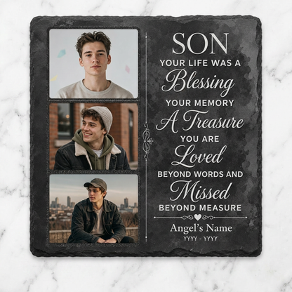 Personalized Memorial Photo Slate Stone for Loss of Son, Custom Remembrance Gift - Image 3 | VNMGSREPR1-6IN-EHIEU_AI_0424 VNMGSREPR1-8IN-EHIEU_AI_0424
