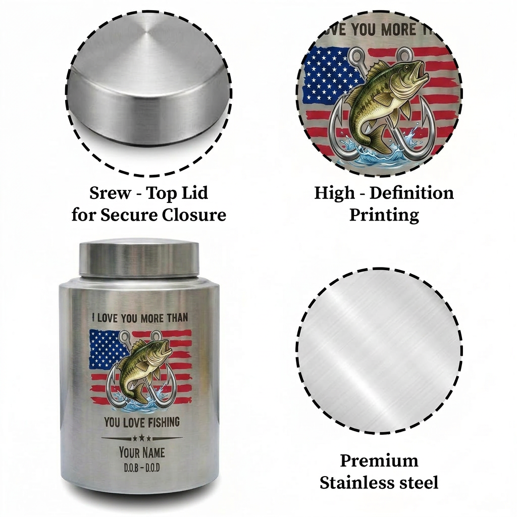 Personalized Bass Fishing Cremation Urn for Human Ashes Stainless Steel Fisherman Dad Grandpa Husband Funeral Remembrance Large Adult Size Memorial Keepsake Urn, Memorial Gift, In Loving Memory - Image 3