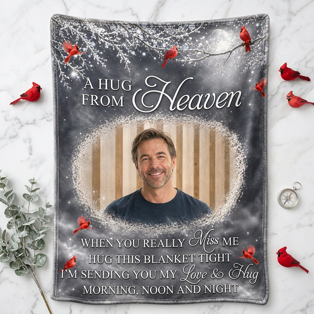 Personalized Photo A Hug From Heaven Memorial Fleece Blanket, Cardinal Sympathy Gift for Loss - Image 3
