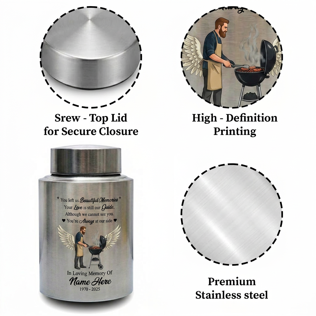 Personalized Grilling Dad BBQ Father UV Printed Stainless Steel Ash Holder Tribute for Husband Grandpa Silver Black Gold Red Small Large Memorial Keepsake Urn, Memorial Gift, In Loving Memory - Image 3