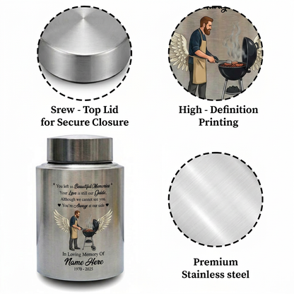 Personalized Grilling Dad BBQ Father UV Printed Stainless Steel Ash Holder Tribute for Husband Grandpa Silver Black Gold Red Small Large Memorial Keepsake Urn, Memorial Gift, In Loving Memory - Image 3