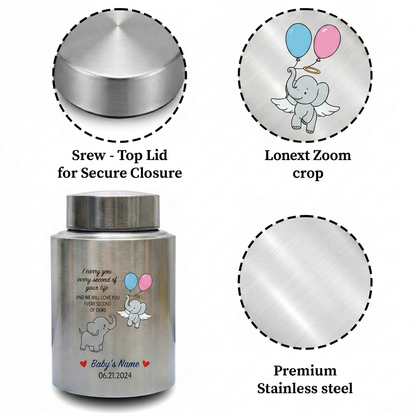 Personalized Angel Baby Elephant Grieving Stainless Steel Urn For Infant Loss Miscarriage Child Memory Large 7.5x5.1 UV Printed Decor Memorial Keepsake Urn, Memorial Gift, In Loving Memory - Image 3