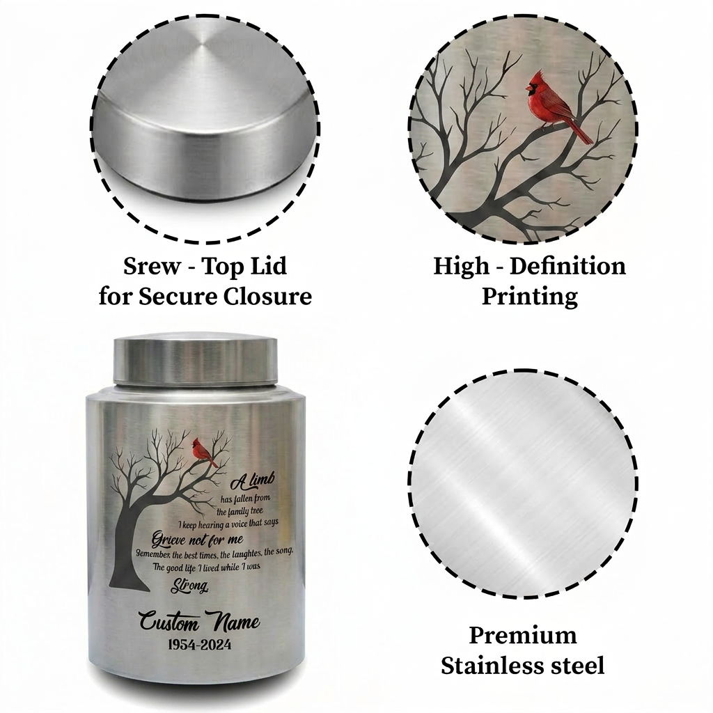 Personalized Cardinal Bird Stainless Steel Cremation Ash Urn For Family Member Loss Of Loved One Funeral Bereavement Display 2 Sizes Memorial Keepsake Urn, Memorial Gift, In Loving Memory - Image 3