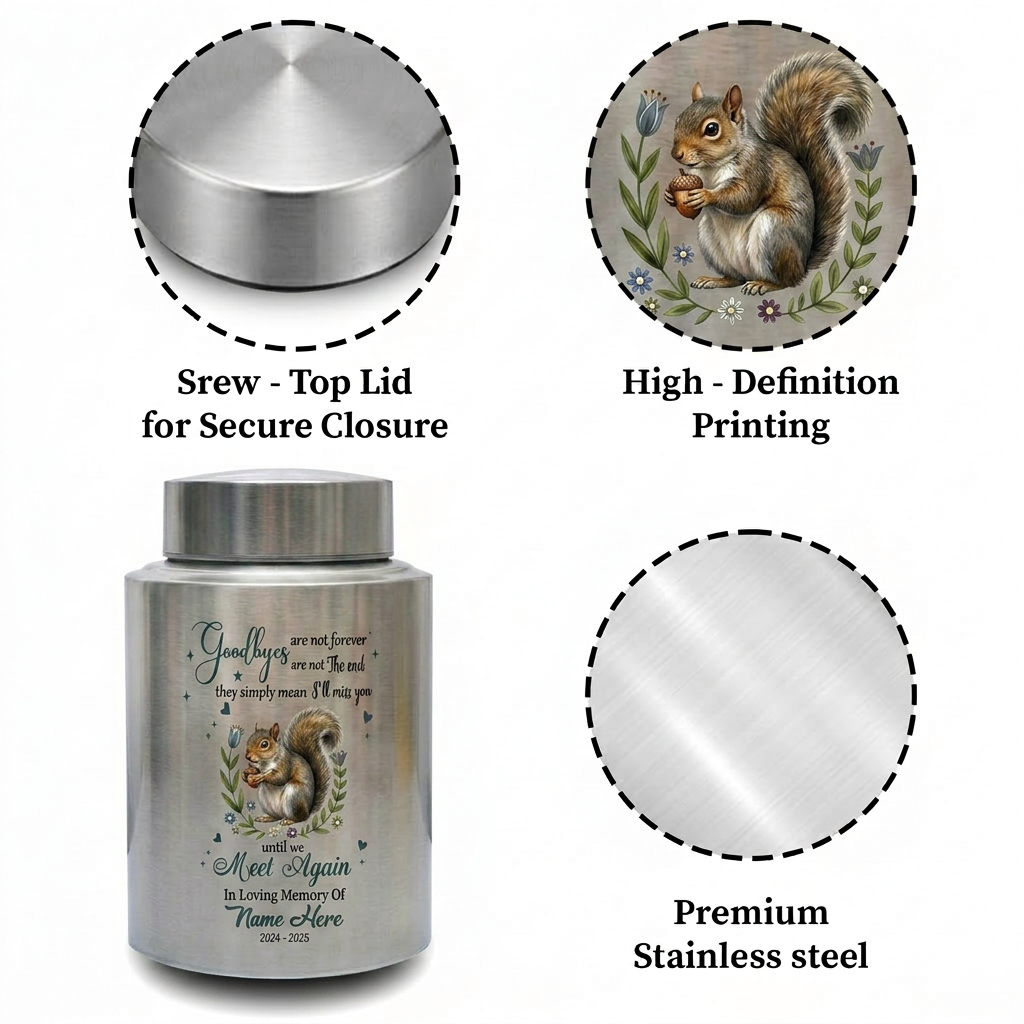 Personalized Squirrel UV Printed Stainless Steel Cremation Ash Container For Loss Of Loved One Or Pet Lover Bereavement Silver Black Gold Red Memorial Keepsake Urn, Memorial Gift, In Loving Memory - Image 3