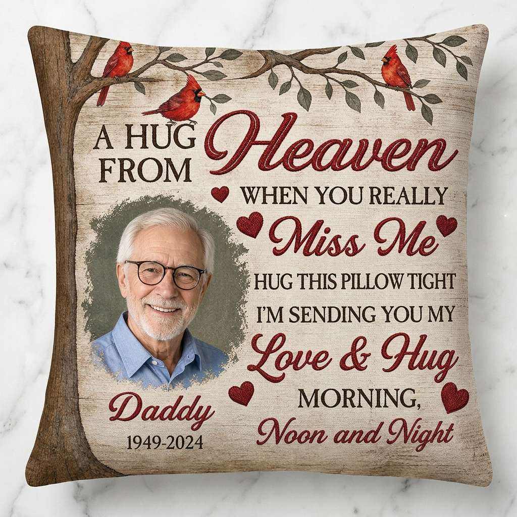 Personalized Memorial Photo Pillow for Loss of Father, A Hug From Heaven Dad Keepsake Gift - Image 3