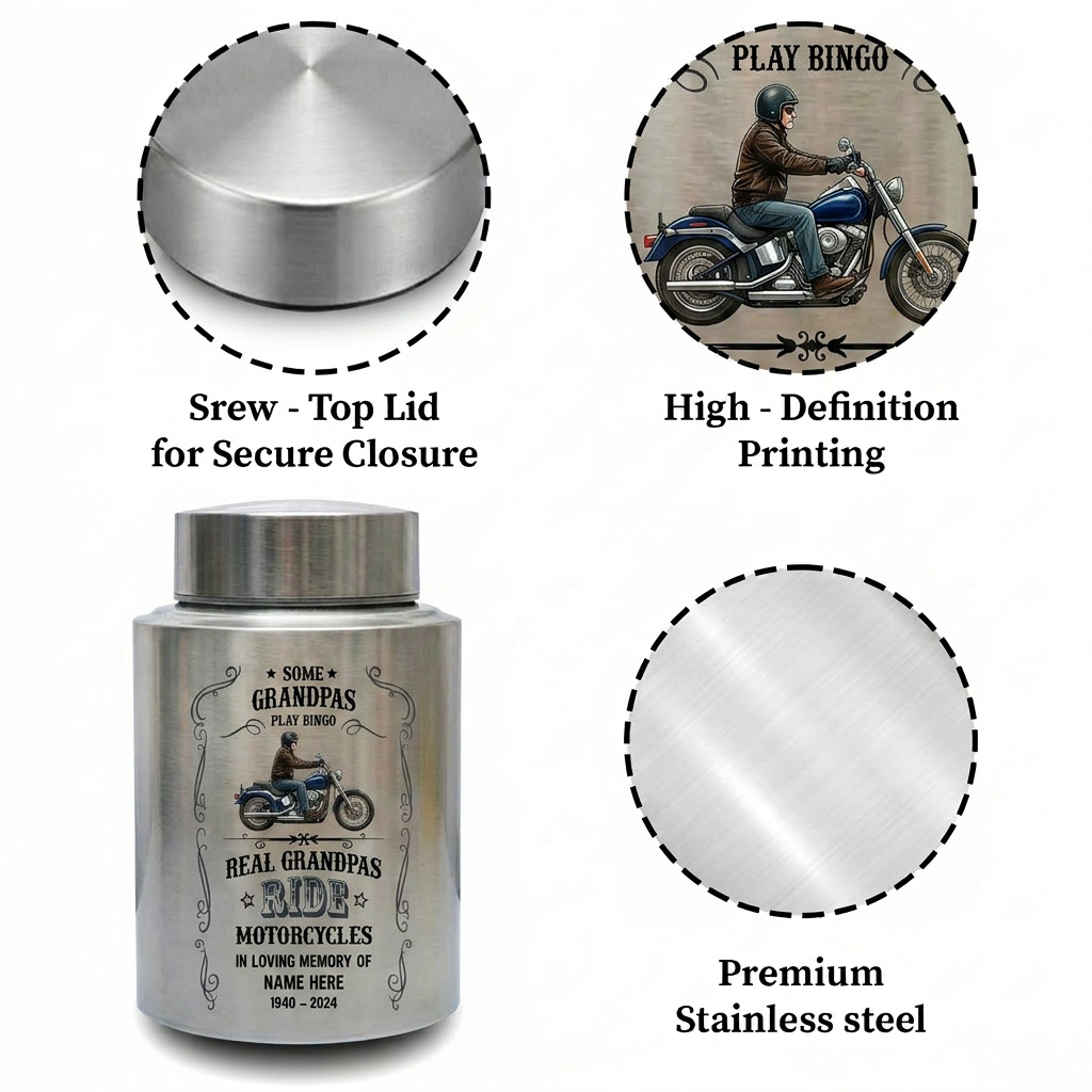 Personalized Motorcycle Stainless Steel Large Urn for Human Ashes, Real Grandpas Ride Motorcycles Biker Dad Grandfather Tribute, Memorial Keepsake Urn, Memorial Gift, In Loving Memory - Image 3