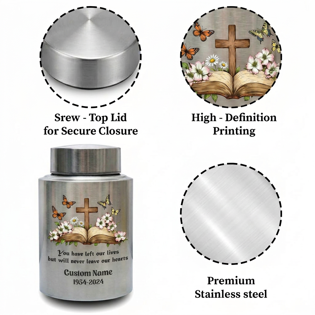 Personalized Christian Cross Bible Floral Urn, Custom Name Date Stainless Steel Adult Ash Container, Bereavement Sympathy Funeral Memorial Keepsake Urn, Memorial Gift, In Loving Memory - Image 3