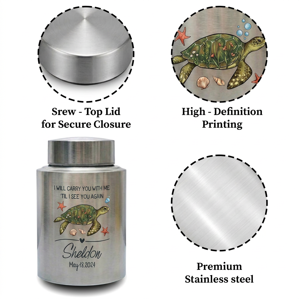 Personalized Turtle UV Printed Stainless Steel Cremation Urns For Ashes, Custom Pet Loss Remembrance Or Turtle Lover Bereavement Condolence, Memorial Keepsake Urn, Memorial Gift, In Loving Memory - Image 3