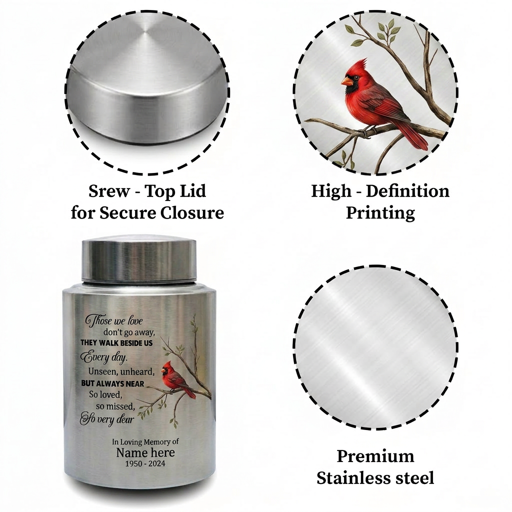 Personalized Cardinal Bird Stainless Steel Large Cremation Urn For Human Ashes Loss Of Loved One Bereavement Ash Holder 5.9x3.9 7.5x5.1 Memorial Keepsake Urn, Memorial Gift, In Loving Memory - Image 3