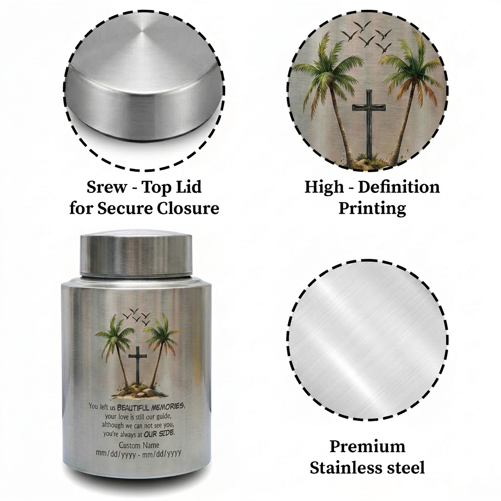 Personalized Beach Palm Tree Cross Stainless Steel Funeral Urn for Loss of Mom Dad Loved One Adult Human Ashes Small Large Memorial Keepsake Urn, Memorial Gift, In Loving Memory - Image 3