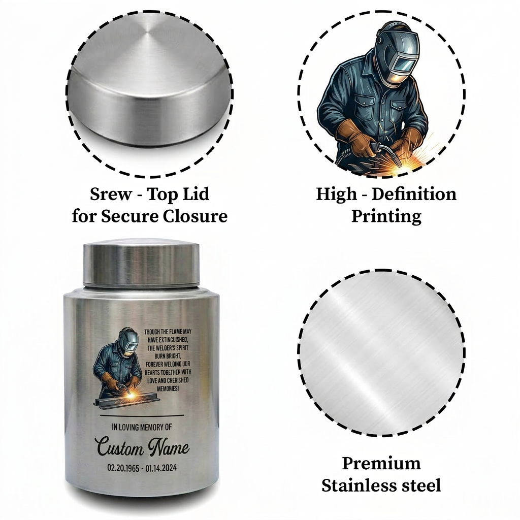 Personalized Welder Theme Stainless Steel UV Print Cremation Ashes Holder for Loss of Husband Father Colleague Sympathy Bereavement Memorial Keepsake Urn, Memorial Gift, In Loving Memory - Image 3
