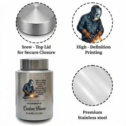 Personalized Welder Theme Stainless Steel UV Print Cremation Ashes Holder for Loss of Husband Father Colleague Sympathy Bereavement Memorial Keepsake Urn, Memorial Gift, In Loving Memory - Image 3