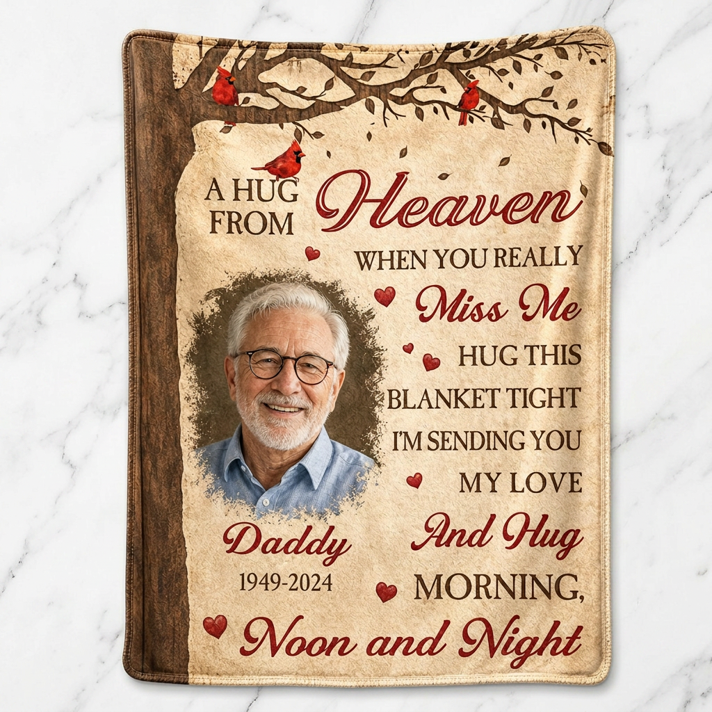 Personalized Memorial Photo Fleece Blanket - A Hug From Heaven Sympathy Gift for Loss of Dad - Image 3