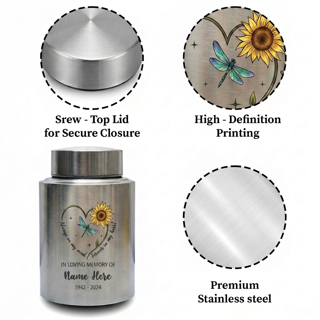 Personalized Dragonfly Moon Sunflower Stainless Steel Cremation Urn Adult Ashes Funeral Burial Bereavement Always On My Mind Memorial Keepsake Urn, Memorial Gift, In Loving Memory - Image 3