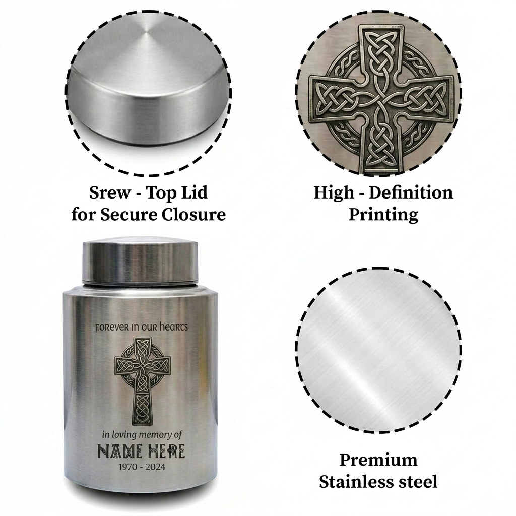Personalized Celtic Cross Irish Urn for Human Ashes, Forever In Our Hearts Funeral Tribute for Adult Male Female Loss of Loved One, 2 Sizes, Memorial Keepsake Urn, Memorial Gift, In Loving Memory - Image 3