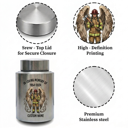 Personalized Firefighter Urn for Human Ashes, Custom Name Date Fireman Angel Wings Cremation Jar, Decorative Stainless Steel Loss Tribute, Memorial Keepsake Urn, Memorial Gift, In Loving Memory - Image 3