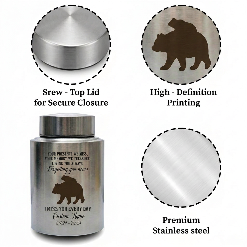 Personalized Baby Bear Stainless Steel Urns for Human Ashes, Custom Infant Child Boy Girl Loss Remembrance Vessel, UV Printed Ash Holder, Memorial Keepsake Urn, Memorial Gift, In Loving Memory - Image 3