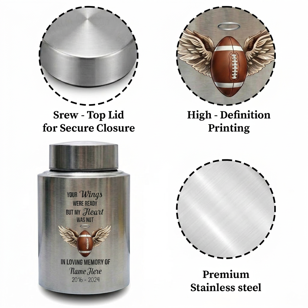 Personalized American Football UV Printed Stainless Steel Urn for Loss of Sports Fan Player Bereavement Remembrance 2 Sizes Memorial Keepsake Urn, Memorial Gift, In Loving Memory - Image 3