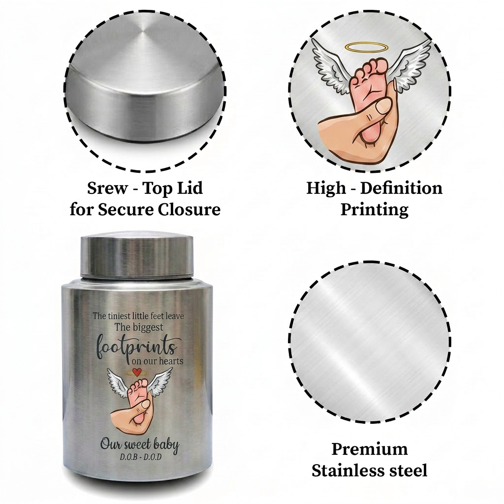Personalized Baby Footprints Infant Loss Stainless Steel Urn, Child Bereavement Keepsake Custom Dates, Two Sizes 5.9x3.9 7.5x5.1, Memorial Keepsake Urn, Memorial Gift, In Loving Memory - Image 3