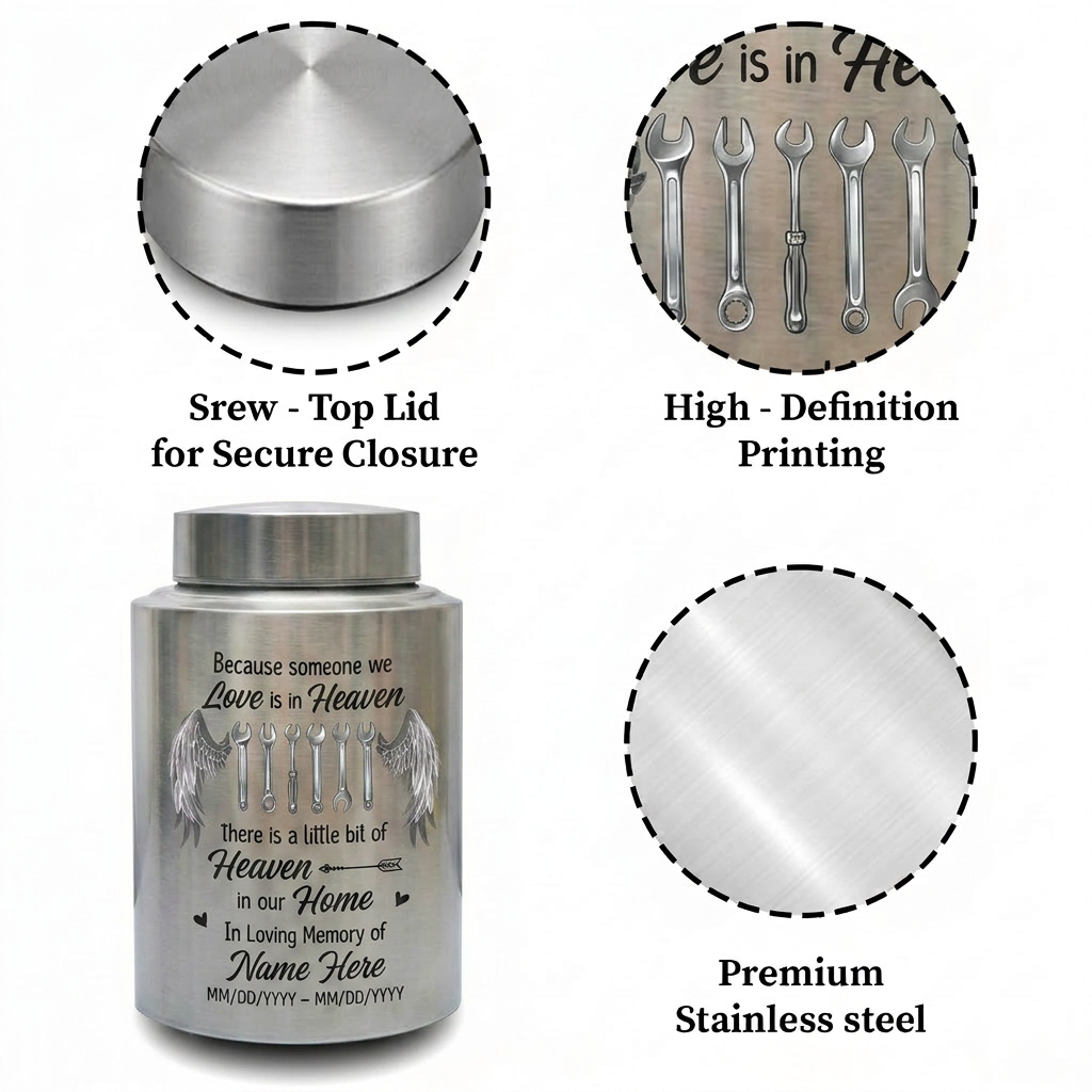 Personalized Mechanic Man Stainless Steel Urn Because Someone We Love Is In Heaven For Dad Father Husband, Small And Large Sizes, Memorial Keepsake Urn, Memorial Gift, In Loving Memory - Image 3