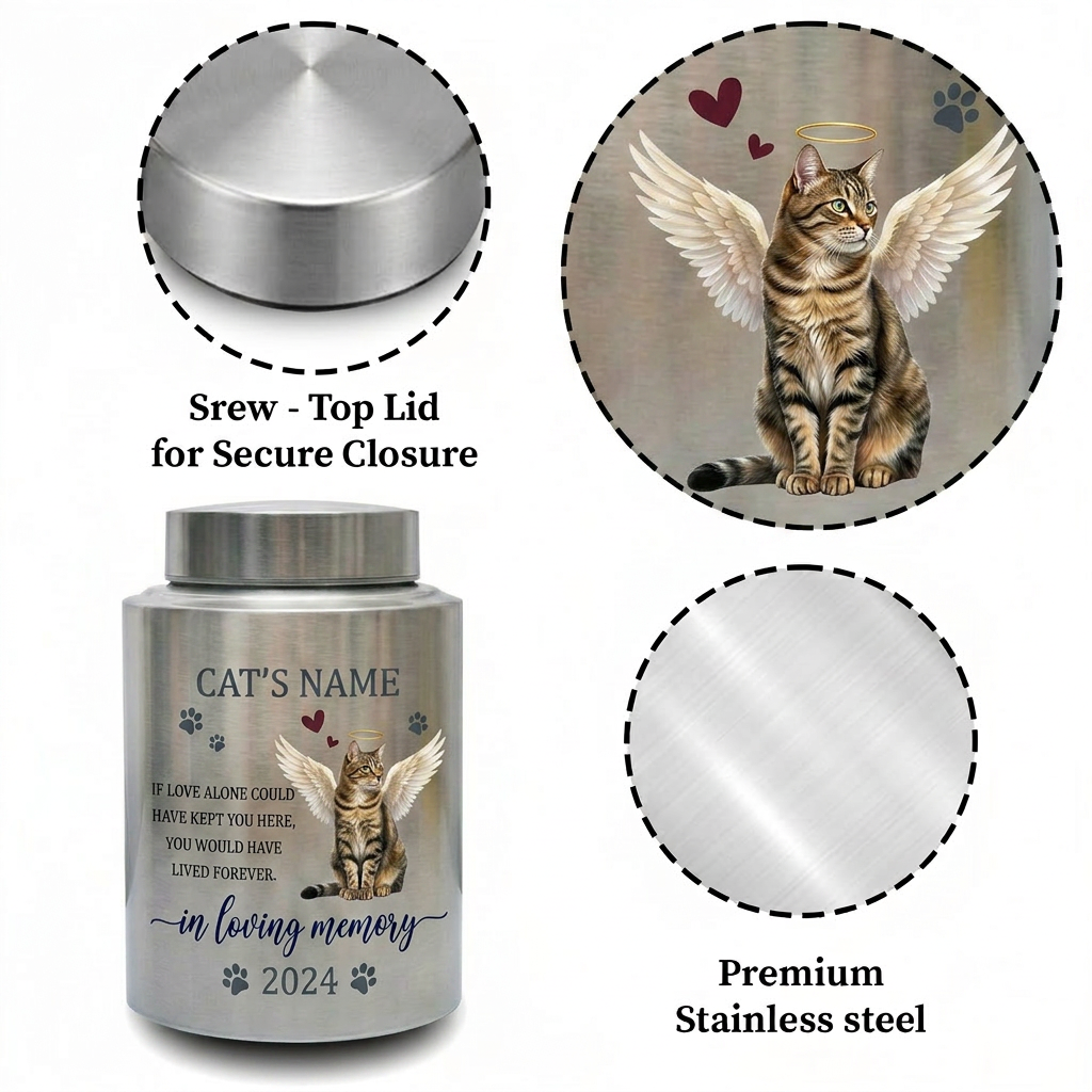 Personalized Angel Cat Silhouette Stainless Steel Pet Loss Bereavement Gift for Cat Mom Dad Custom Feline Remembrance Decor 5.9x3.9 or 7.5x5.1 in Memorial Keepsake Urn, Memorial Gift, In Loving Memory - Image 3