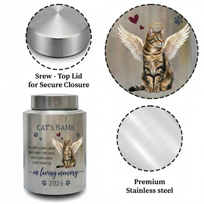 Personalized Angel Cat Silhouette Stainless Steel Pet Loss Bereavement Gift for Cat Mom Dad Custom Feline Remembrance Decor 5.9x3.9 or 7.5x5.1 in Memorial Keepsake Urn, Memorial Gift, In Loving Memory - Image 3