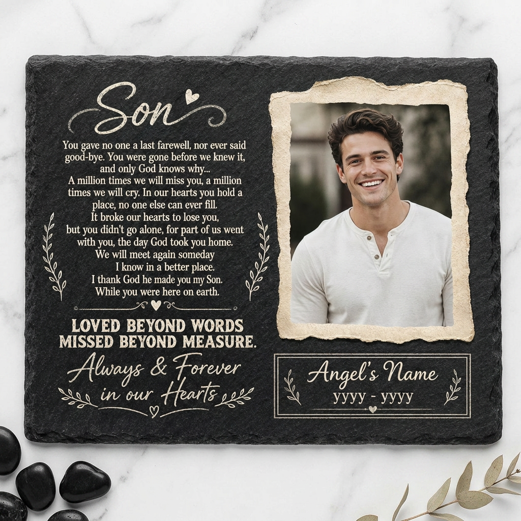 Personalized Son Memorial Garden Stone – Custom Photo Slate Plaque for Loss of Son - Image 3 | VNMGSREPR1-6IN-EHIEU_AI_0447 VNMGSREPR1-8IN-EHIEU_AI_0447