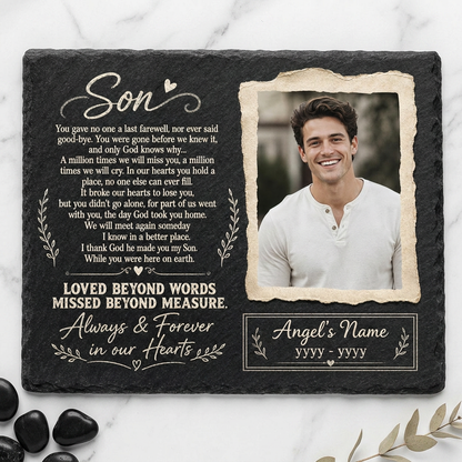 Personalized Son Memorial Garden Stone – Custom Photo Slate Plaque for Loss of Son - Image 3 | VNMGSREPR1-6IN-EHIEU_AI_0447 VNMGSREPR1-8IN-EHIEU_AI_0447