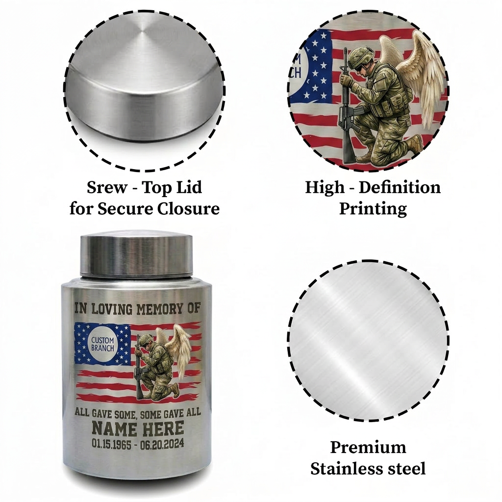 Personalized Veterans Memorial US Army Flag Stainless Steel Military Tribute Home Display Funeral Burial Large and Small Sizes Memorial Keepsake Urn, Memorial Gift, In Loving Memory - Image 3