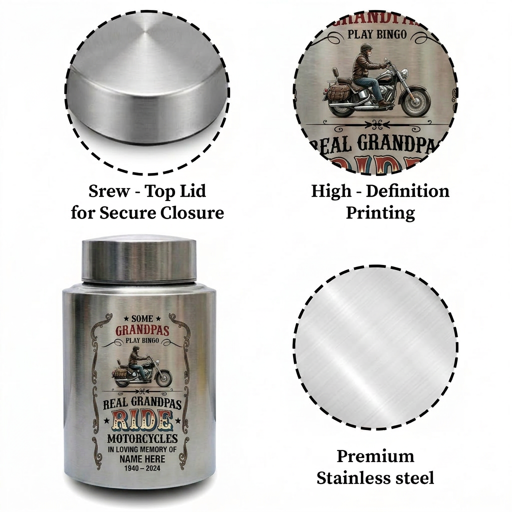 Personalized Motorcycle Stainless Steel Large Urn for Human Ashes, Real Grandpas Ride Motorcycles Biker Dad Grandfather Tribute, Memorial Keepsake Urn, Memorial Gift, In Loving Memory - Image 3