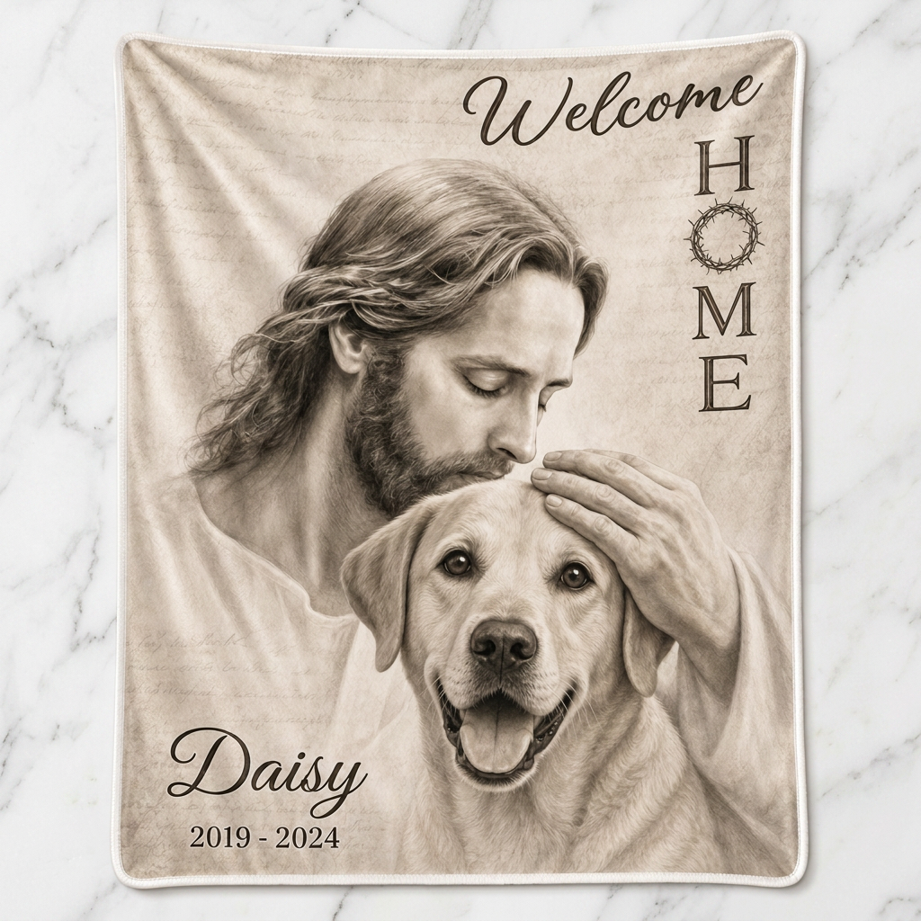 Personalized Pet Memorial Fleece Blanket - Custom Photo Dog Loss Sympathy Gift with Jesus Welcome Home - Image 3